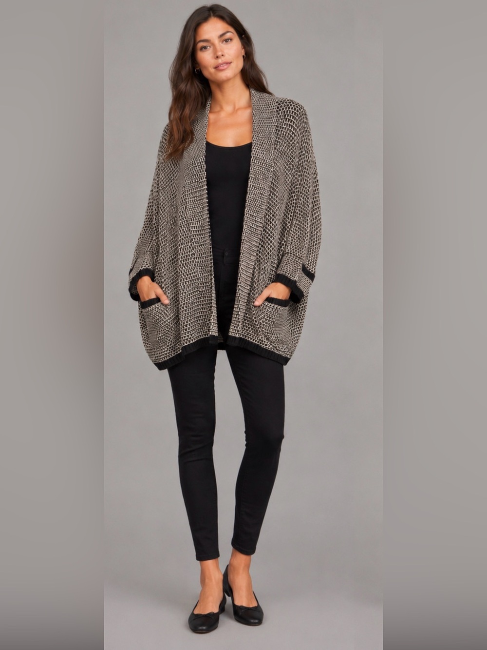Splendid Open Front Cocoon Cardigan Sweater Large NWT Black Grey Knit Pockets